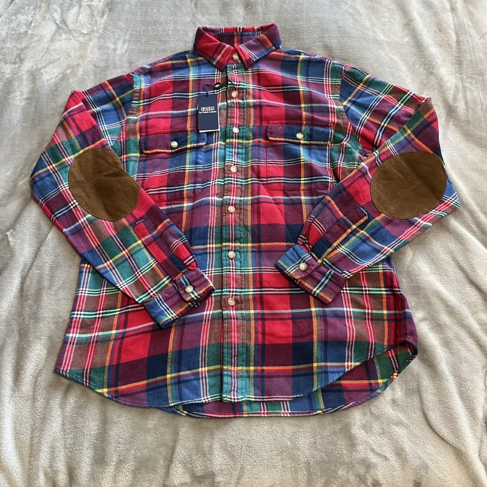 Polo Ralph Lauren Shirt Mens Medium Multi Plaid Flannel Bedford 1 Elbow Patch
